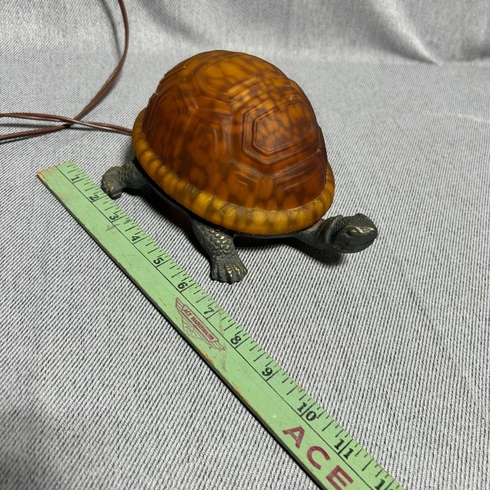 Vintage Turtle Accent Lamp Amber Glass Shell Bronze Metal Base 8.5in